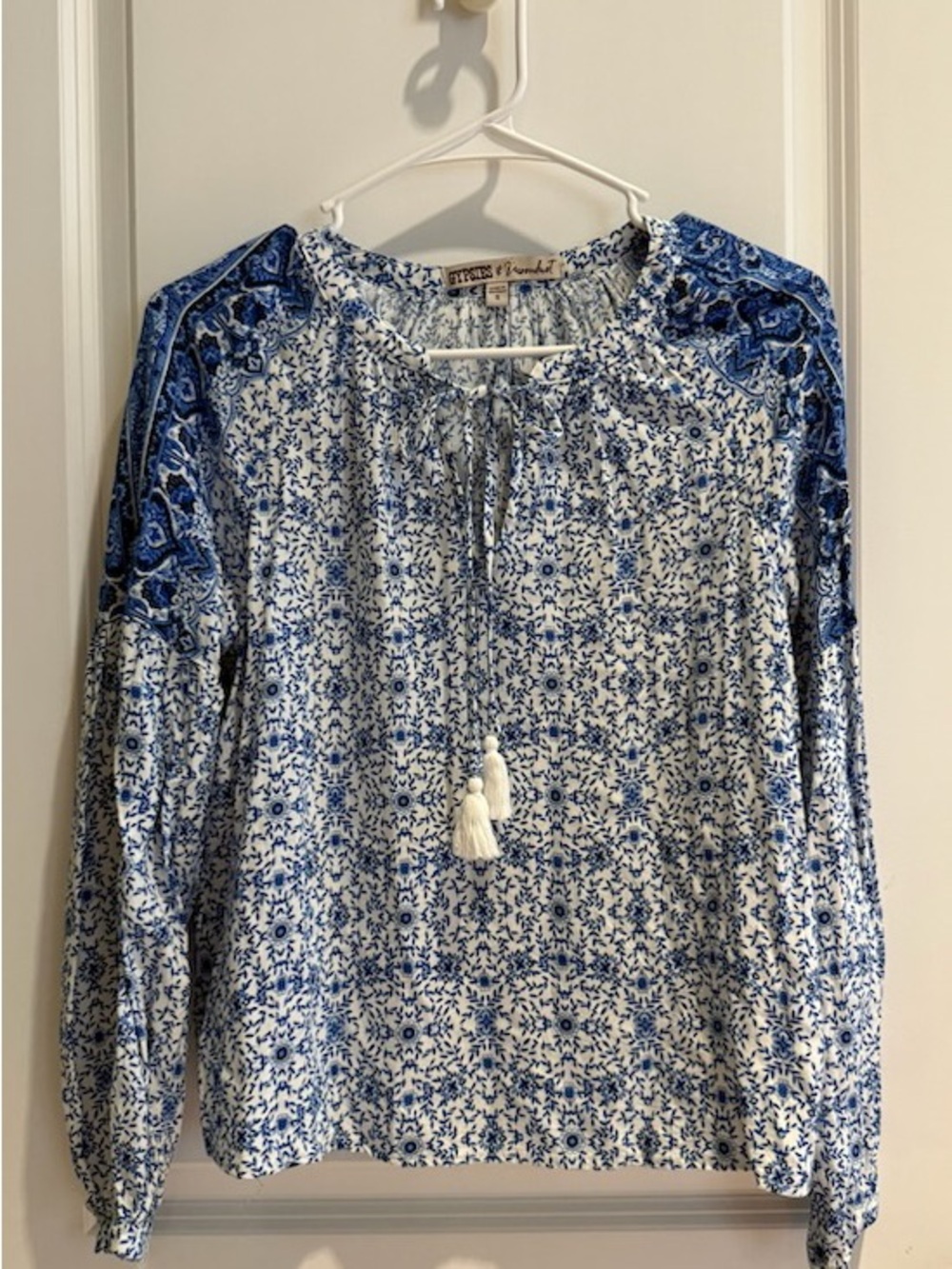 Gypsies & Moondust Blue and White Floral Tassel Peasant Blouse